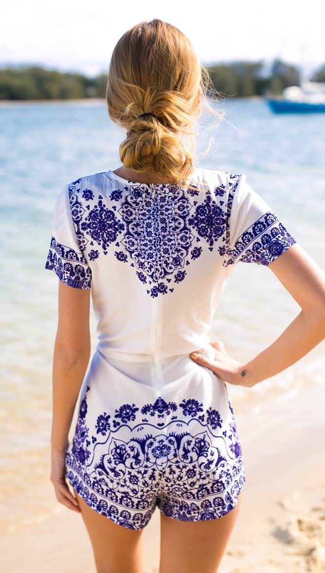 F2439 Blue and White Porcelain Playsuit